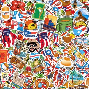 May include: A collection of colorful stickers featuring Puerto Rican themes, including the flag, tropical flowers, palm trees, a mortar and pestle, boxing gloves, a flan, a trumpet, a baseball glove, and illustrations of local landmarks and cultural icons.