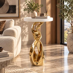Resin Sculptural Side Table, 28.35 Inch Abstract Pedestal Accent