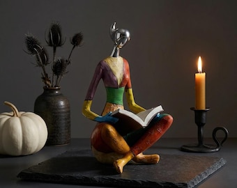 Abstract Reading Woman Sculpture, Colorful Resin Book Lover Figurine, Literary Home Decor