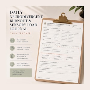 May include: A Daily Neurodivergent Burnout & Sensory Load Journal tracker on a clipboard. The page features sections for sensory load, environmental triggers, executive functioning, and clinical notes, with icons for brain, focus, battery, and heart.
