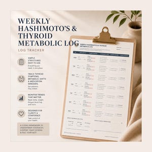 May include: A Weekly Hashimoto's & Thyroid Metabolic Log tracker printed on paper, secured to a brown clipboard with a gold clip. The document features columns for daily tracking of weight, temperature, symptoms, and medication, with text headers.
