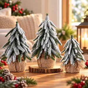 Set of 3 Mini Snow Flocked Christmas Trees, Small Artificial Pine Trees with Burlap Bases, Rustic Tabletop Winter Wonderland Decorations