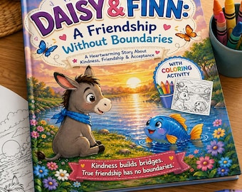 May include: A hardcover children's book titled Daisy & Finn: A Friendship Without Boundaries, featuring a donkey and a blue fish by a river at sunset. The cover includes text about kindness and friendship, plus a coloring activity insert.