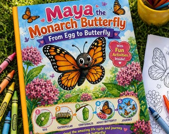 May include: A children's book titled Maya the Monarch Butterfly From Egg to Butterfly with a colorful illustration of a monarch butterfly, pink flowers, and a life cycle diagram showing an egg, caterpillar, chrysalis, and adult butterfly.