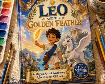 May include: A hardcover children's book titled Leo and the Golden Feather, featuring a young boy holding a glowing feather next to a winged horse, with Greek-inspired scenery, text reading A Magical Greek Mythology Adventure for Children.