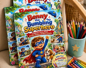 May include: Three copies of the children's book Benny the Bumbling Superhero, featuring a boy in a blue superhero costume with a red cape and a puppy. The cover includes the text Benny the Bumbling Superhero, A Children's Story About Mistakes, Kindness, and Never Giving Up, and With Fun Activities Inside!