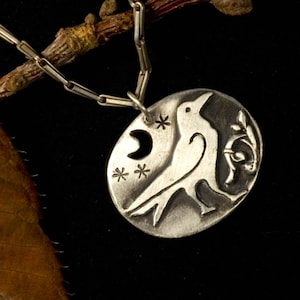 Pendant, raven, 925 silver, moon, stars, lucky charm, baroque, art nouveau, middle ages, larp, witch, gothic