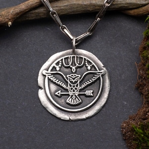 Owl, pendant 925 silver, wings, arrow, magic, magical, larp, wizard, witch, Middle Ages, Gothic, 999 silver, Art Nouveau