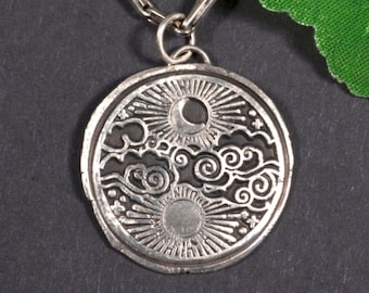 Moon, Sun, Clouds, Pendant 925 Silver, Lucky Charm, Waves, Storm, Power, Nature, Boho, Yin Yang, Opposites, Sea