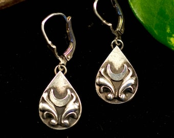 Earrings, earrings, 925 silver, moon, baroque, witch, crescent, drops, leaves, Art Nouveau