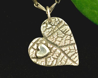 Pendant, heart of 925 silver, imprint of a real leaf, Valentine's Day, two hearts, love, birth, baptism, baby, lucky charm, amulet