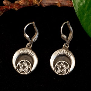 Earrings, 925 silver, moon, crescent, pentagram, witch, 999 silver, earrings, Middle Ages, Larp, Viking, magical