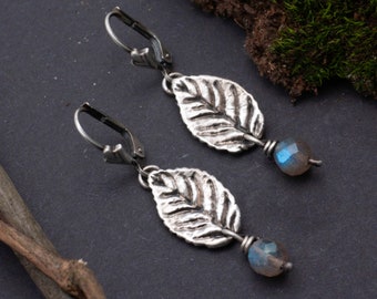 Leaf, 925 silver, earrings, earrings, Labradorite, blue, boho, lifelike, Larp, medieval, elf, fairy, tree, nature