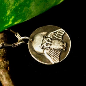 May include: A silver pendant necklace featuring a detailed owl design. The owl is depicted with its wings spread, and its eyes are prominent. The pendant is attached to a silver chain.