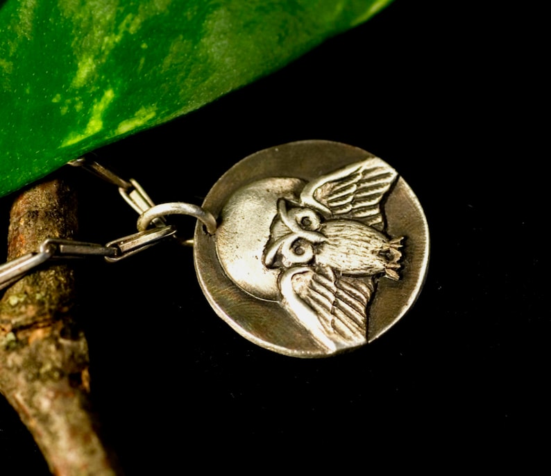 May include: A silver pendant necklace featuring a detailed owl design. The owl is depicted with its wings spread, and its eyes are prominent. The pendant is attached to a silver chain.