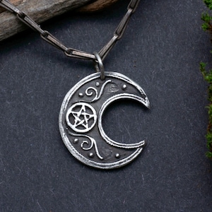 Moon pendant 925 silver, pentagram, witch, medieval, gothic, larp, crescent moon, art nouveau, boho, lucky charm, star