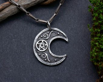 Moon pendant 925 silver, pentagram, witch, medieval, gothic, larp, crescent moon, art nouveau, boho, lucky charm, star