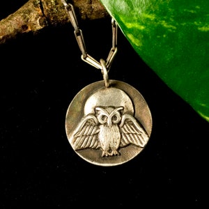 May include: A silver necklace with an owl pendant. The owl is depicted with its wings spread, and the pendant has a textured, moon-like background.