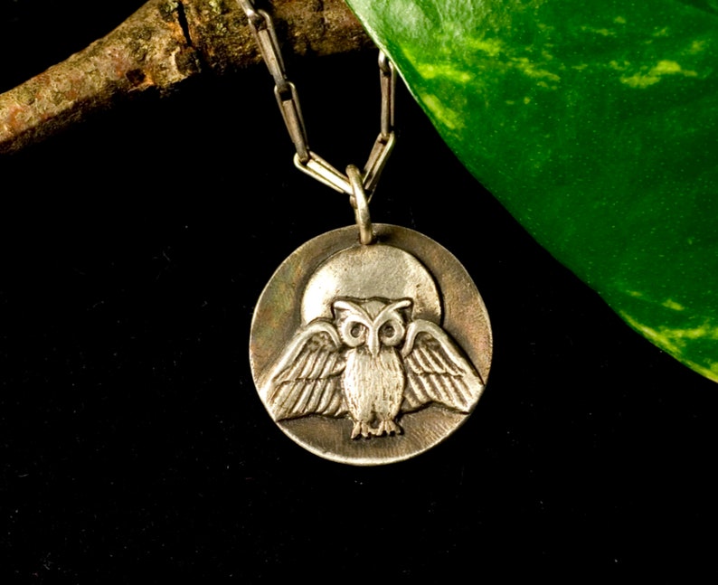 May include: A silver necklace with an owl pendant. The owl is depicted with its wings spread, and the pendant has a textured, moon-like background.