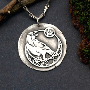 Raven, pendant, moon, pentagram, pendant 925 silver, witch, wizard, magical, larp, middle ages, mystical, gothic, crow, star