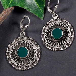 Ethno, vintage, earrings 925 silver, green onyx, boho, hippie, filigree, oriental, spiral, medieval, larp, mandala
