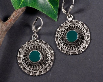 Ethno, Vintage, Earrings 925 Silver, Green Onyx, Boho, Hippie, Filigree, Oriental, Spiral, Middle Ages, Larp, Mandala