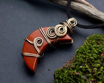 Moon pendant, jasper, red, brass, gold, wire work, Viking, medieval, larp, boho, witch, magical