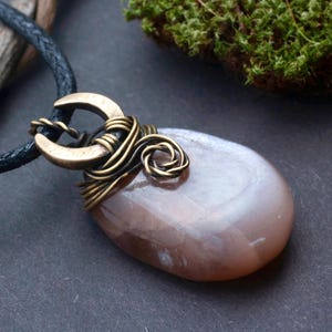Moonstone, pendant, brass, moon, crescent, witch, lucky charm, LARP, Middle Ages, Gothic, mother of pearl, Celtic, Viking, horns, spiral