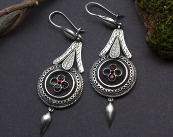 Earrings, antique, vintage, garnet flowers, traditional costume, leaves, ethnic, 925 silver, romantic