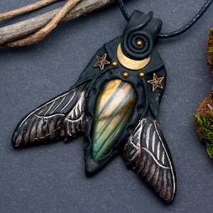 moth, butterfly, labradorite, moon, pendant, black, stars, night, larp, lucky charm, magical, fairy tale, gift