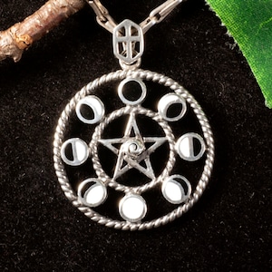 Pentagram, moon, moon phases, 926 silver, spiral, gothic, witch, vintage, vikings, celtic, boho, magical, mystical