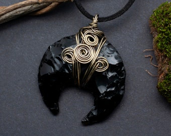 Moon, obsidian, pendant, brass, witch, medieval, larp, viking, spirals, ethnic, knife, Celtic, rustic, gothic