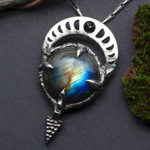 Moon, moon phase, labradorite, pendant, witch, Middle Ages, lucky charm, LARP, silver, magical, Gothic, Pagan, Ethno