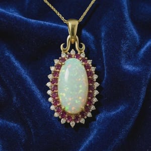 Opal Ruby Pendant Necklace, 14K Yellow Gold Plated, 925 Sterling Silver Luxury Statement Jewelry, Gift For Her