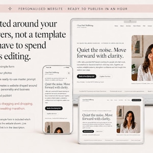 May include: A digital marketing graphic displaying a website design service on a laptop, tablet, and smartphone. The text reads: Created around your answers, not a template you have to spend hours editing. It lists steps for a personalized website.