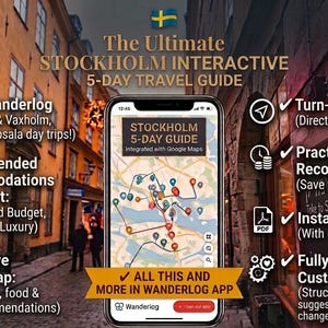 Op de afbeelding: Een digitale reisgids voor Stockholm op een smartphonescherm, met een kaart met interactieve pins, een 5-daagse route, stapsgewijze navigatie, aanbevelingen voor accommodaties en directe toegang tot een PDF-bestand voor reizigers.