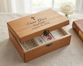Personalized Baptism Keepsake Box, Engraved Christening Memory Box, Custom Name & Date Wooden Gift, First Communion Keepsake, Godchild Gift