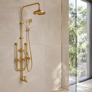 Vintage Brushed Gold Shower System | Exposed Pipe Rain Shower Set with Handheld & Tub Spout | Luxury Brass Bathroom Fixture
