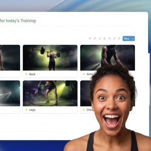 May include: A digital interface titled Workout Library displaying a grid of exercise categories including Neck, Core, Back, Arms, Shoulders, Glutes, Legs, and Chest. The screen features a header text How to add a Single Workout to your Calendar for today's Training.