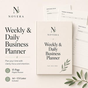 Può includere: Un'agenda aziendale digitale beige intitolata Novera Weekly & Daily Business Planner con un motivo a foglie. Il set include un'agenda di 15 pagine nei formati A4 e US Letter, con modelli per la pianificazione mensile, settimanale e giornaliera.