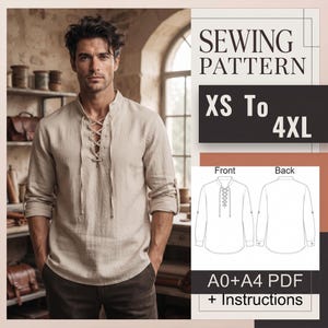 Peut inclure: Un patron de couture pour une chemise beige à manches longues avec un laçage sur le devant et des manches retroussables. Le modèle inclut les tailles XS à 4XL, avec des dessins techniques recto-verso, en formats PDF A0 et A4 avec instructions.
