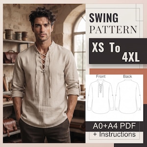 May include: A beige long-sleeve shirt with a lace-up front placket and roll-up sleeves. The image includes text reading SWING PATTERN XS To 4XL, A0+A4 PDF + Instructions, and a technical line drawing showing the front and back of the shirt.