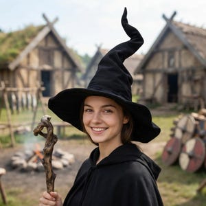 May include: A black pointed hat with a wide, flexible brim and a tall, curved crown. The hat is made of a soft, dark fabric and features a distinct, slightly bent top section that tapers to a point, creating a classic, tall silhouette.