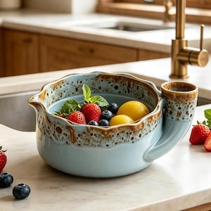 Vortex Swirl Self‑Draining Ceramic Fruit Rinser Bowl, Handmade Pottery Berry & Vegetable Washer Basin, Kitchen Housewarming Gift