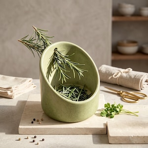 May include: A sage green ceramic bowl with a slanted, open-front design, containing fresh rosemary sprigs. The bowl features a smooth, matte finish and a small circular hole near the top rim, positioned on a light-coloured stone slab surface.
