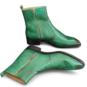 Handgefertigte grüne Stiefeletten aus Leder mit Schlangenmuster, spitze Western-Schuhe
