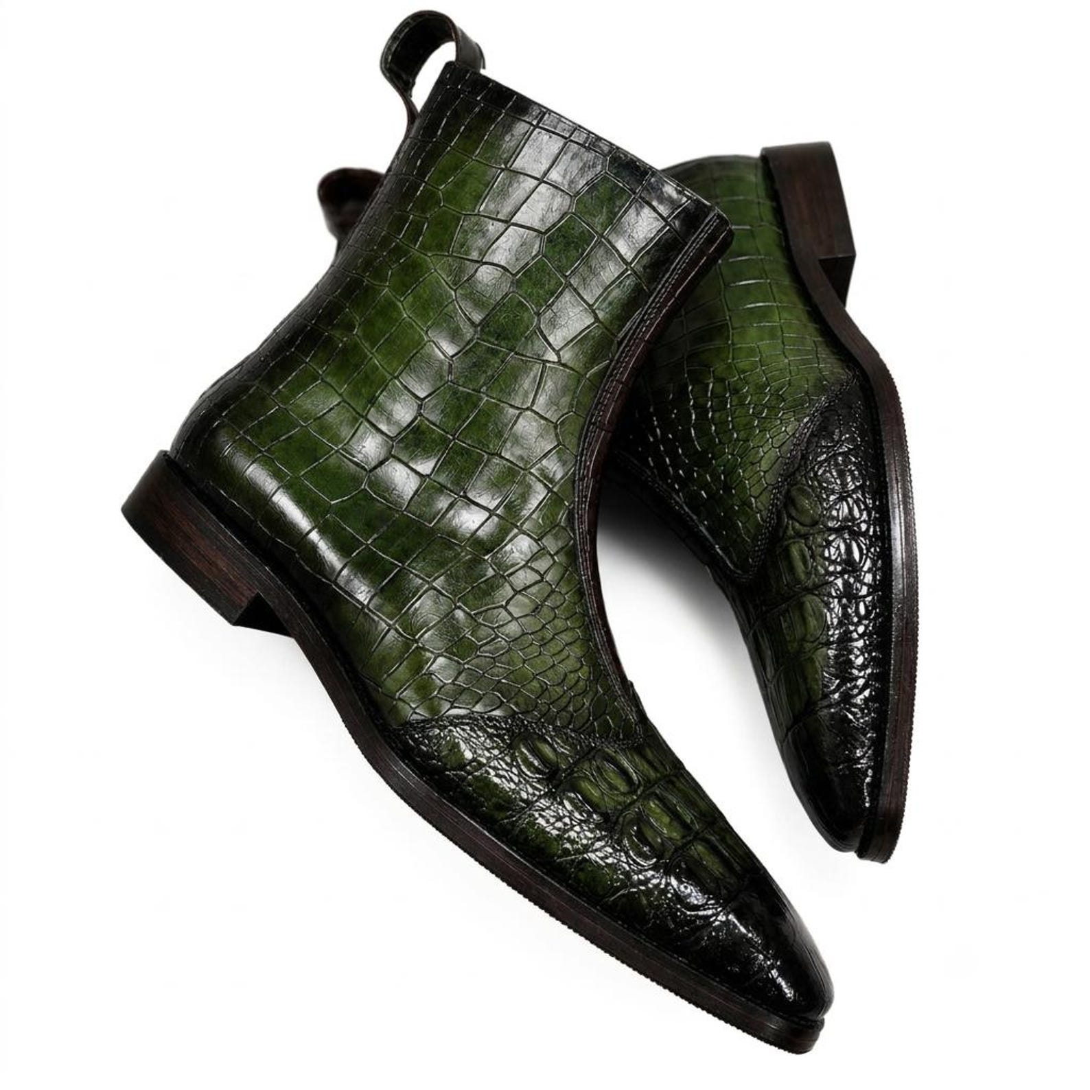 Handcrafted Men's Green Crocodile Embossed Leather Boots | Emerald ...