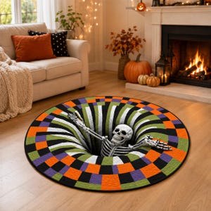 3D Skeleton Vortex Halloween Rug, Round Spooky Illusion Floor Mat, Horror Porch Decor, Haunted House Entryway Rug