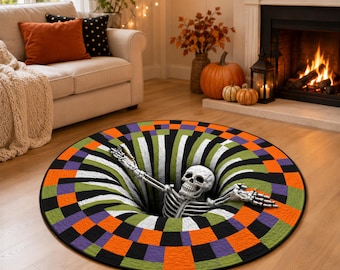 3D Skeleton Vortex Halloween Rug, Round Spooky Illusion Floor Mat, Horror Porch Decor, Haunted House Entryway Rug
