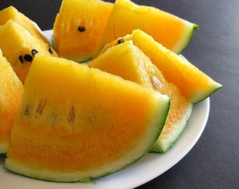 Yellow Moon & Stars, heirloom watermelon, 10 rare seeds, non GMO, bright yellow fruit, speckled rind, drought tolerant, sweet flavor